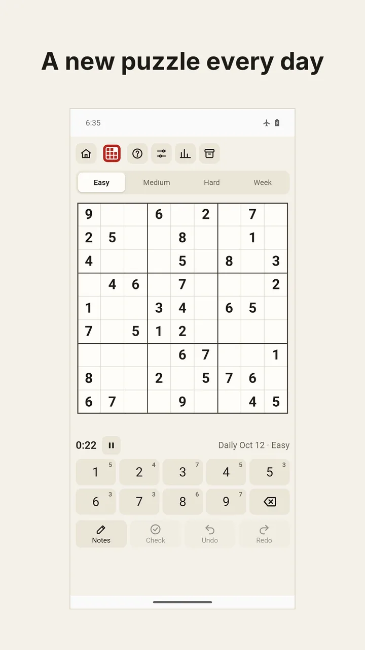 Development preview of the Android app: the daily puzzle screen.